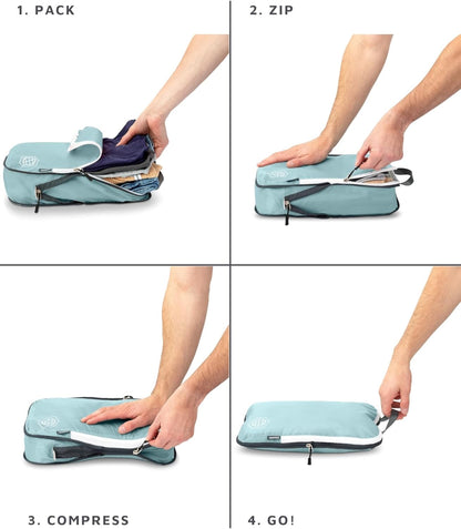 Compression Packing Cubes for Travel, Lightweight Packing Cubes Set for Carry-On Luggage & Backpacks – (Dusty Teal/White)
