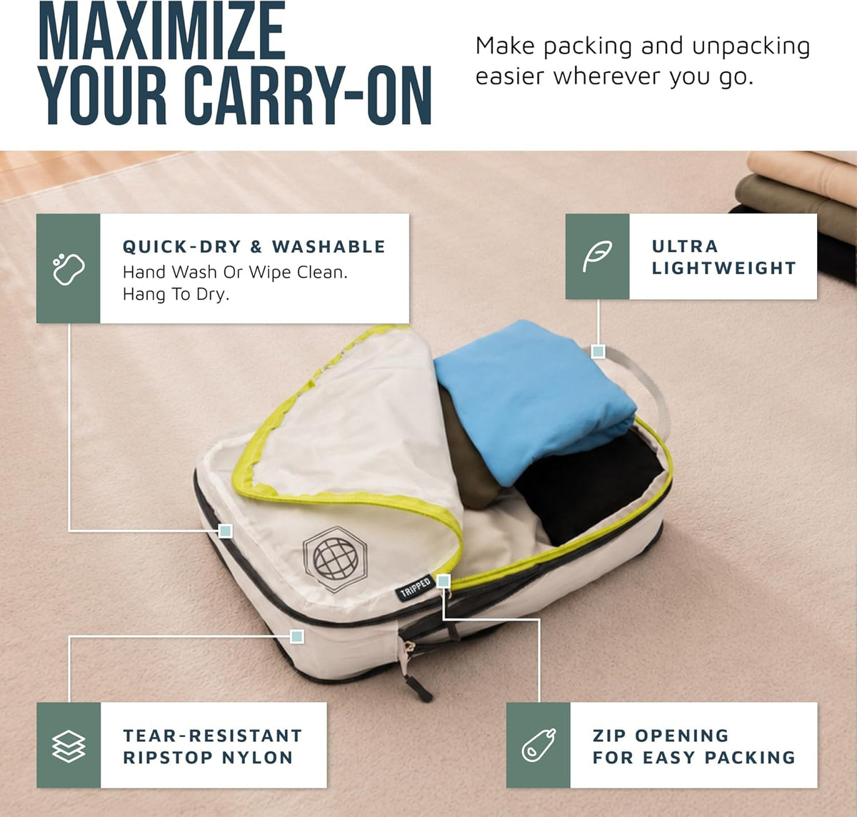 Compression Packing Cubes for Travel, Lightweight Packing Cubes Set for Carry-On Luggage & Backpacks – (Dusty Teal/White)