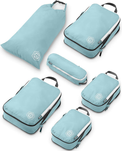 Compression Packing Cubes for Travel, Lightweight Packing Cubes Set for Carry-On Luggage & Backpacks – (Dusty Teal/White)