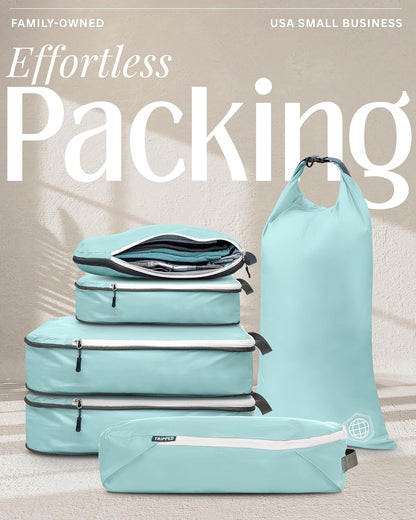 Compression Packing Cubes for Travel, Lightweight Packing Cubes Set for Carry-On Luggage & Backpacks – (Dusty Teal/White)