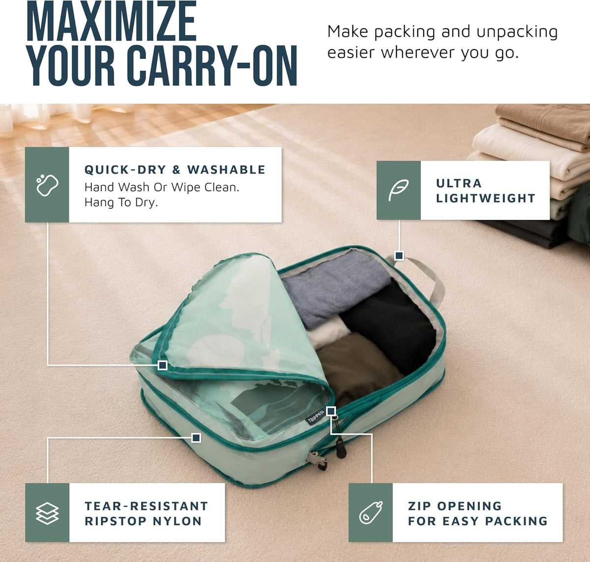 Compression Packing Cubes for Travel, Lightweight Packing Cubes Set for Carry-On Luggage & Backpacks – (Dusty Teal/White)