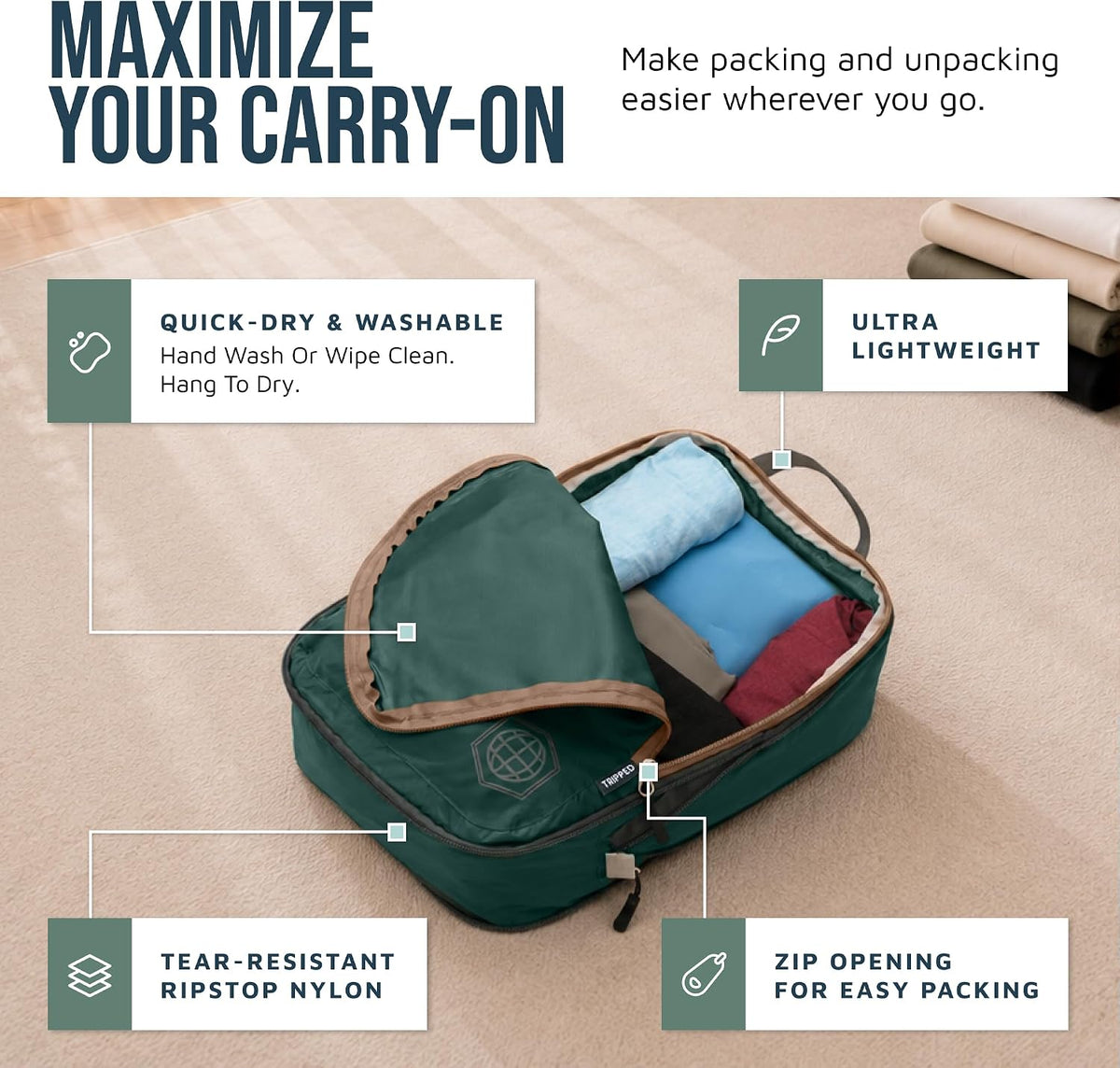 Compression Packing Cubes for Travel, Lightweight Packing Cubes Set for Carry-On Luggage & Backpacks – (Dusty Teal/White)