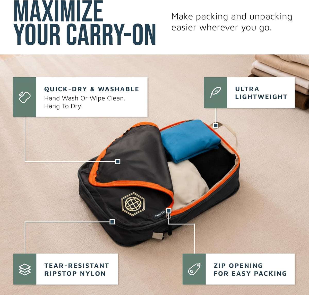 Compression Packing Cubes for Travel, Lightweight Packing Cubes Set for Carry-On Luggage & Backpacks – (Dusty Teal/White)