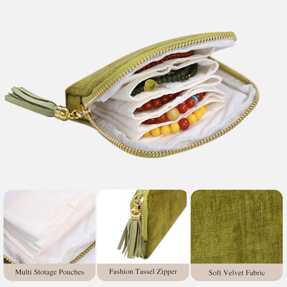 Travel Jewelry Case Organizer for Women Wedding Gifts Portable Velvet Pouches for Travel Essentials Jewelry Crystal Bracelets Necklace Storage, Ring Holder Green Tassel