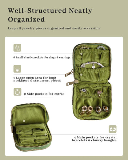 Travel Jewelry Case Organizer for Women Wedding Gifts Portable Velvet Pouches for Travel Essentials Jewelry Crystal Bracelets Necklace Storage, Ring Holder Green Tassel