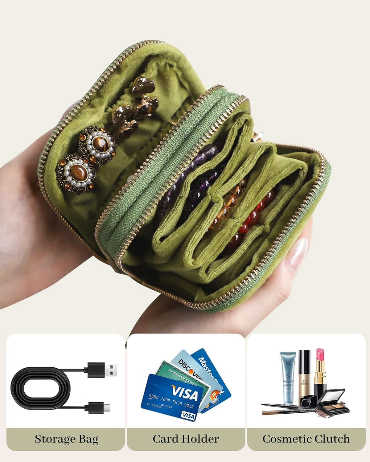 Travel Jewelry Case Organizer for Women Wedding Gifts Portable Velvet Pouches for Travel Essentials Jewelry Crystal Bracelets Necklace Storage, Ring Holder Green Tassel