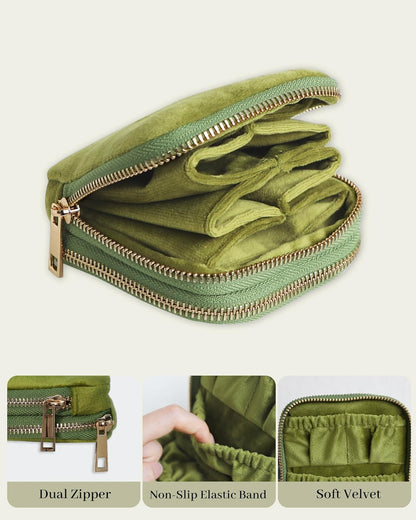 Travel Jewelry Case Organizer for Women Wedding Gifts Portable Velvet Pouches for Travel Essentials Jewelry Crystal Bracelets Necklace Storage, Ring Holder Green Tassel