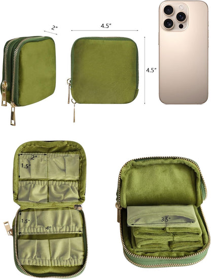 Travel Jewelry Case Organizer for Women Wedding Gifts Portable Velvet Pouches for Travel Essentials Jewelry Crystal Bracelets Necklace Storage, Ring Holder Green Tassel