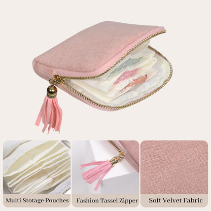 Travel Jewelry Case Organizer for Women Wedding Gifts Portable Velvet Pouches for Travel Essentials Jewelry Crystal Bracelets Necklace Storage, Ring Holder Green Tassel