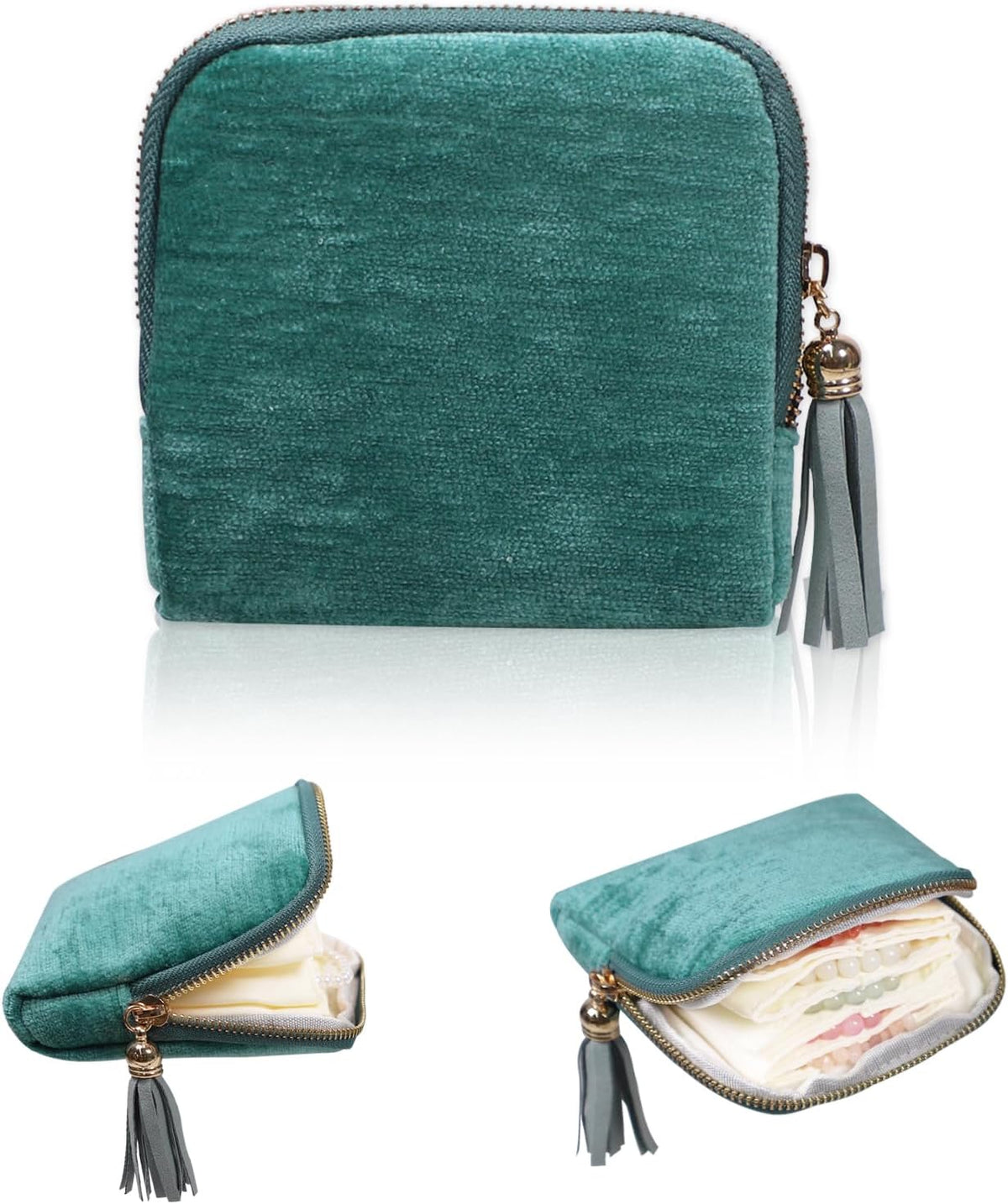 Travel Jewelry Case Organizer for Women Wedding Gifts Portable Velvet Pouches for Travel Essentials Jewelry Crystal Bracelets Necklace Storage, Ring Holder Green Tassel
