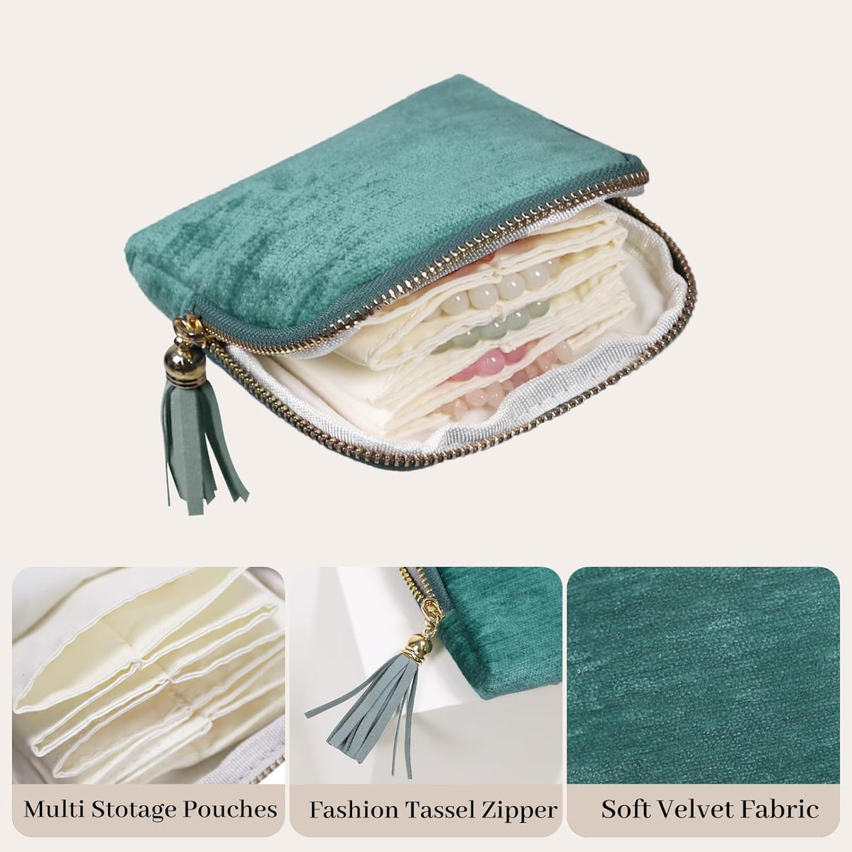 Travel Jewelry Case Organizer for Women Wedding Gifts Portable Velvet Pouches for Travel Essentials Jewelry Crystal Bracelets Necklace Storage, Ring Holder Green Tassel