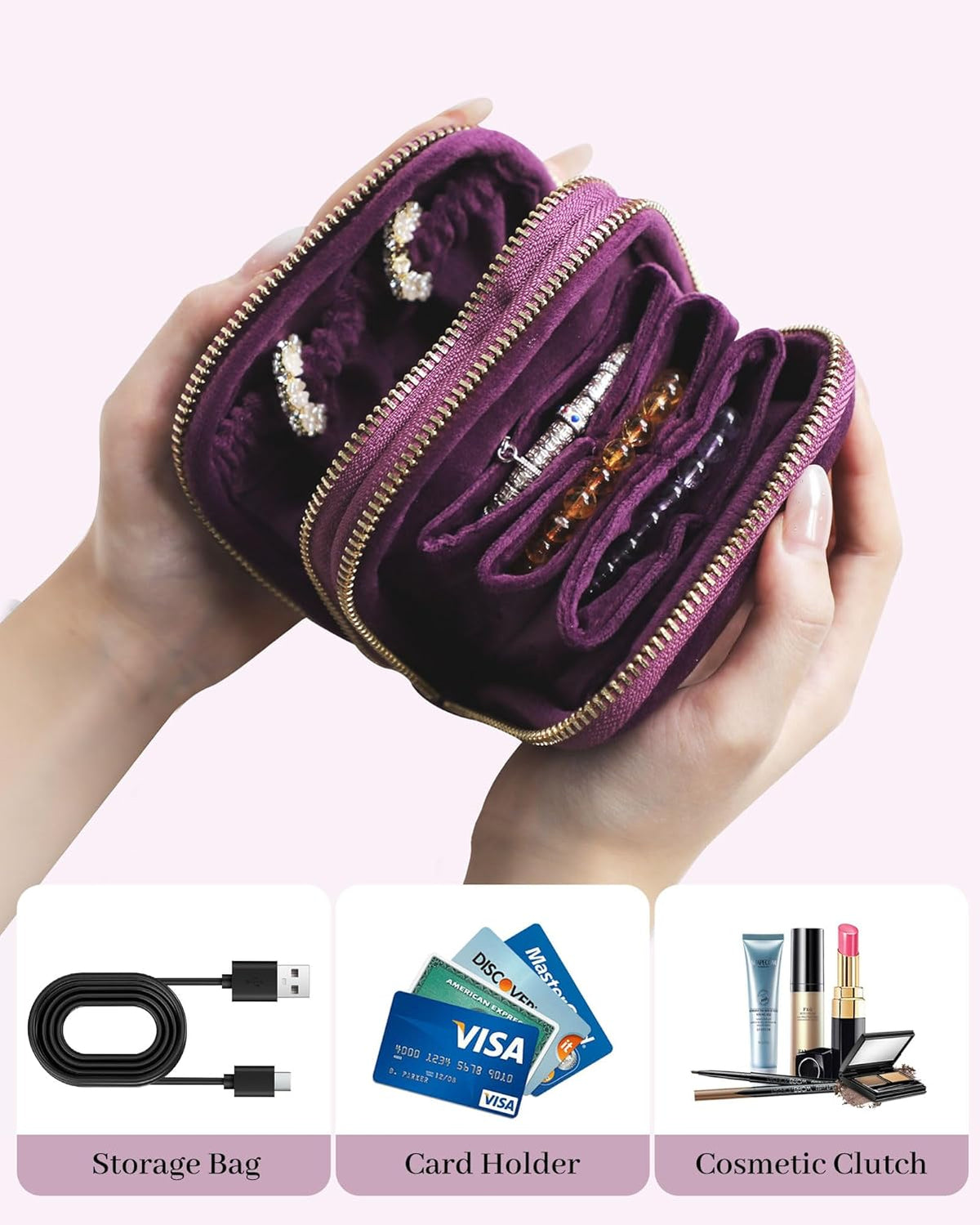 Travel Jewelry Case Organizer for Women Wedding Gifts Portable Velvet Pouches for Travel Essentials Jewelry Crystal Bracelets Necklace Storage, Ring Holder Green Tassel