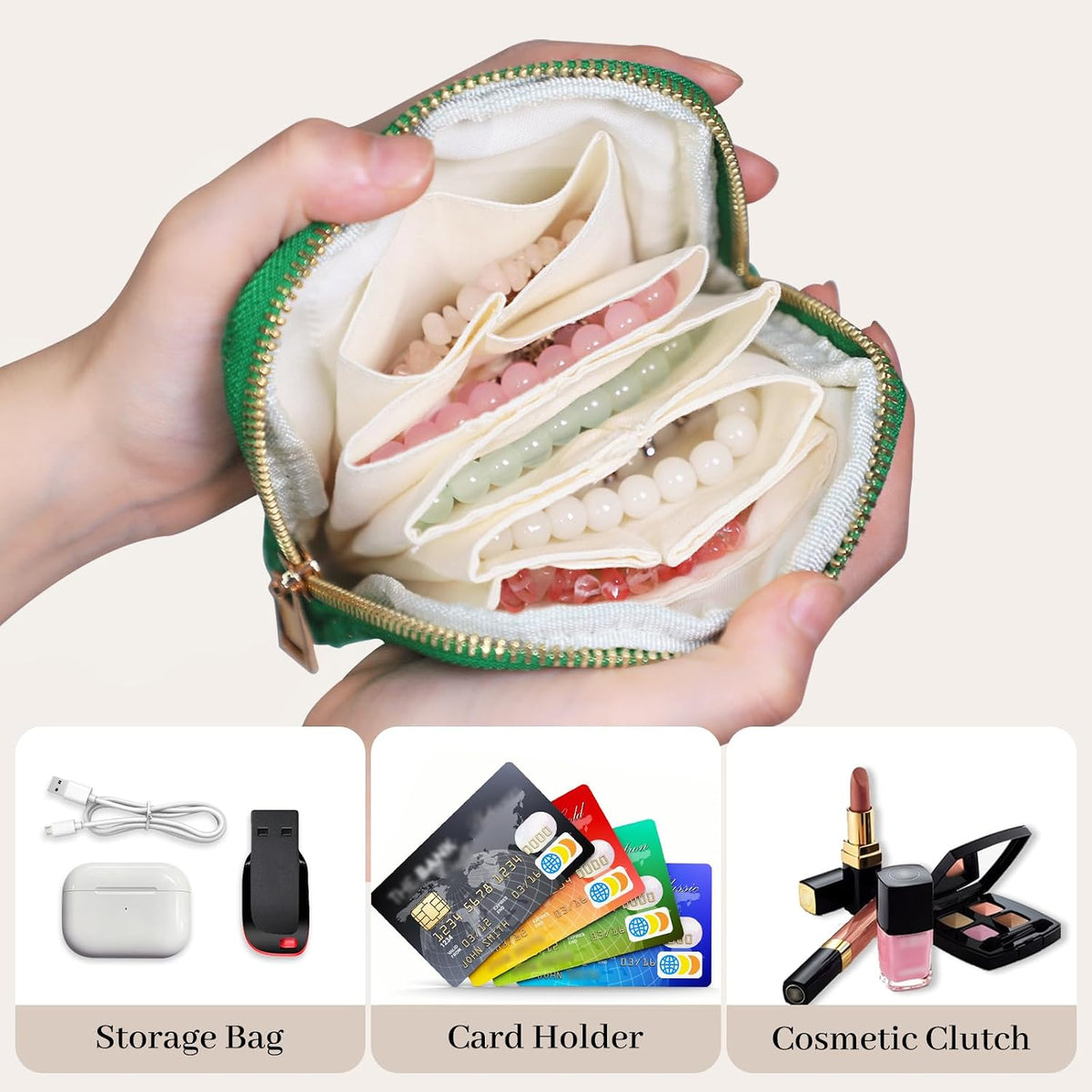 Travel Jewelry Case Organizer for Women Wedding Gifts Portable Velvet Pouches for Travel Essentials Jewelry Crystal Bracelets Necklace Storage, Ring Holder Green Tassel