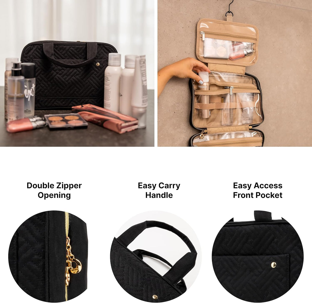 (Not Made In China) Travel Toiletry Bag for Women with Hanging Hook, Makeup Organizer Case, Water-Resistant Cosmetic Bag For Full-size Containers, Toiletries, Pink Large+