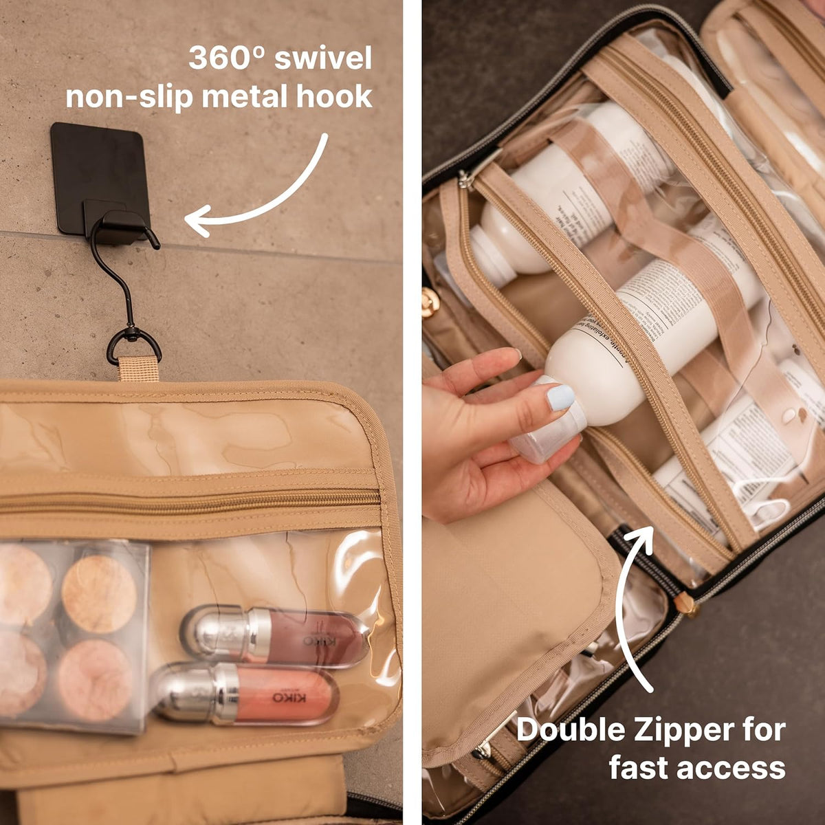 (Not Made In China) Travel Toiletry Bag for Women with Hanging Hook, Makeup Organizer Case, Water-Resistant Cosmetic Bag For Full-size Containers, Toiletries, Pink Large+