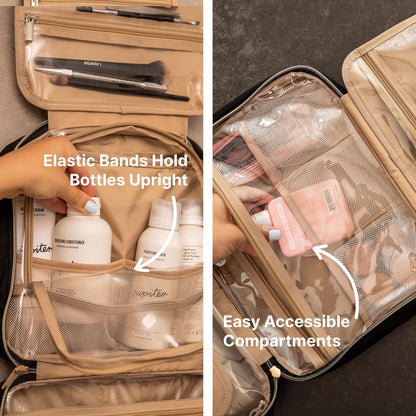 (Not Made In China) Travel Toiletry Bag for Women with Hanging Hook, Makeup Organizer Case, Water-Resistant Cosmetic Bag For Full-size Containers, Toiletries, Pink Large+