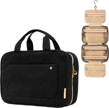 (Not Made In China) Travel Toiletry Bag for Women with Hanging Hook, Makeup Organizer Case, Water-Resistant Cosmetic Bag For Full-size Containers, Toiletries, Pink Large+