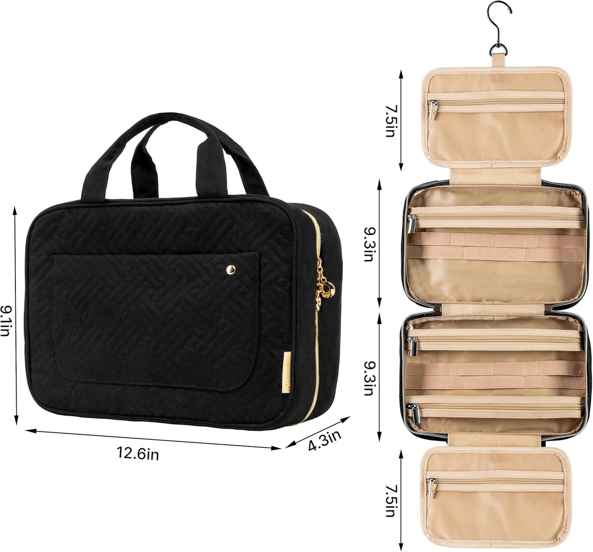 (Not Made In China) Travel Toiletry Bag for Women with Hanging Hook, Makeup Organizer Case, Water-Resistant Cosmetic Bag For Full-size Containers, Toiletries, Pink Large+