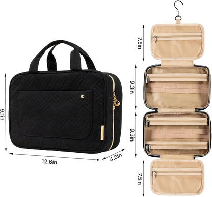 (Not Made In China) Travel Toiletry Bag for Women with Hanging Hook, Makeup Organizer Case, Water-Resistant Cosmetic Bag For Full-size Containers, Toiletries, Pink Large+