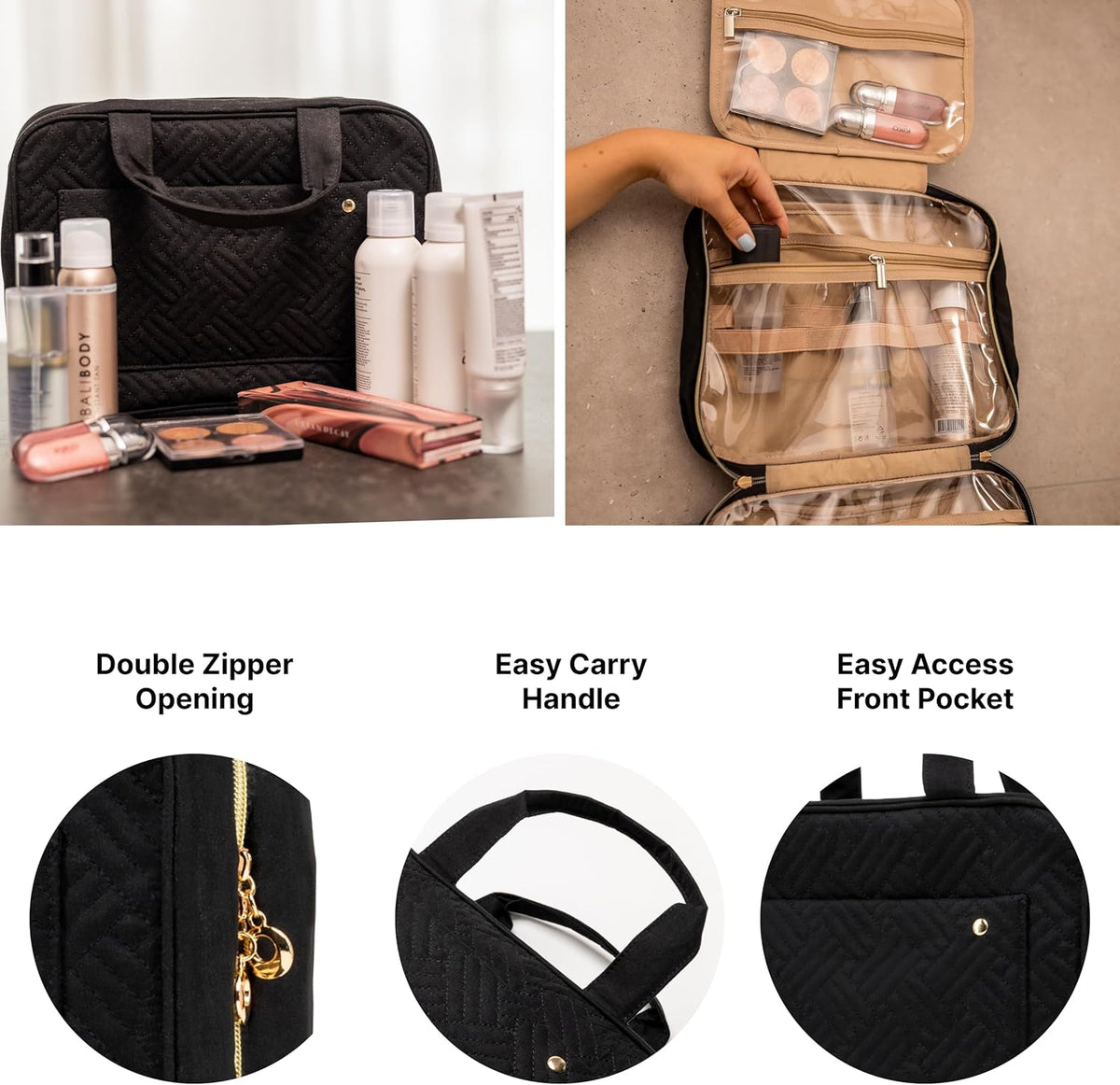 (Not Made In China) Travel Toiletry Bag for Women with Hanging Hook, Makeup Organizer Case, Water-Resistant Cosmetic Bag For Full-size Containers, Toiletries, Pink Large+