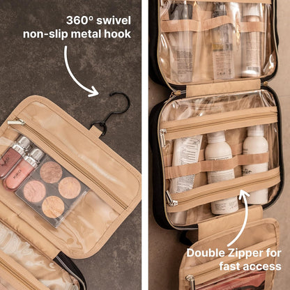 (Not Made In China) Travel Toiletry Bag for Women with Hanging Hook, Makeup Organizer Case, Water-Resistant Cosmetic Bag For Full-size Containers, Toiletries, Pink Large+