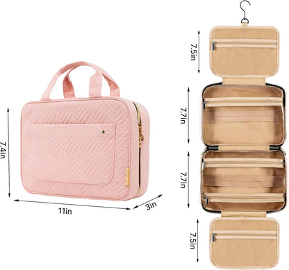 (Not Made In China) Travel Toiletry Bag for Women with Hanging Hook, Makeup Organizer Case, Water-Resistant Cosmetic Bag For Full-size Containers, Toiletries, Pink Large+