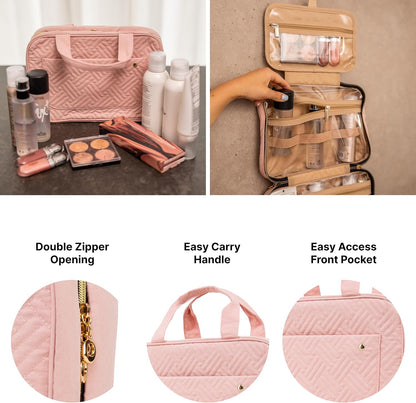 (Not Made In China) Travel Toiletry Bag for Women with Hanging Hook, Makeup Organizer Case, Water-Resistant Cosmetic Bag For Full-size Containers, Toiletries, Pink Large+