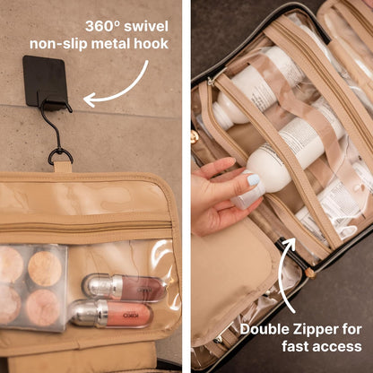 (Not Made In China) Travel Toiletry Bag for Women with Hanging Hook, Makeup Organizer Case, Water-Resistant Cosmetic Bag For Full-size Containers, Toiletries, Pink Large+