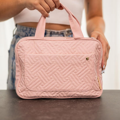 (Not Made In China) Travel Toiletry Bag for Women with Hanging Hook, Makeup Organizer Case, Water-Resistant Cosmetic Bag For Full-size Containers, Toiletries, Pink Large+