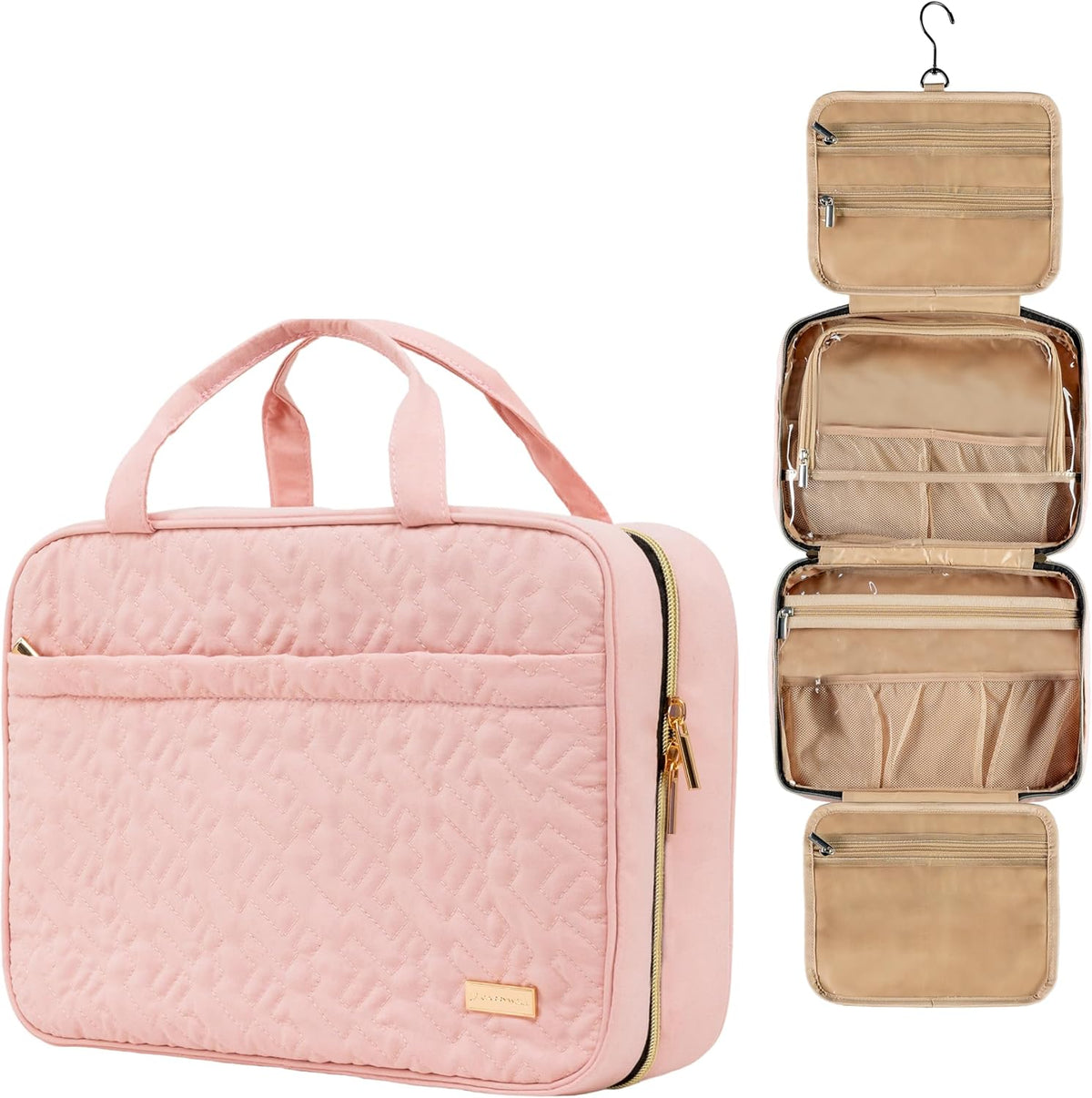 (Not Made In China) Travel Toiletry Bag for Women with Hanging Hook, Makeup Organizer Case, Water-Resistant Cosmetic Bag For Full-size Containers, Toiletries, Pink Large+