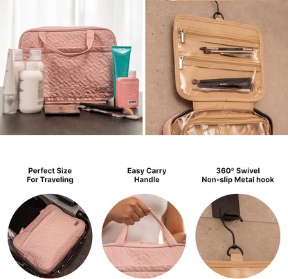 (Not Made In China) Travel Toiletry Bag for Women with Hanging Hook, Makeup Organizer Case, Water-Resistant Cosmetic Bag For Full-size Containers, Toiletries, Pink Large+