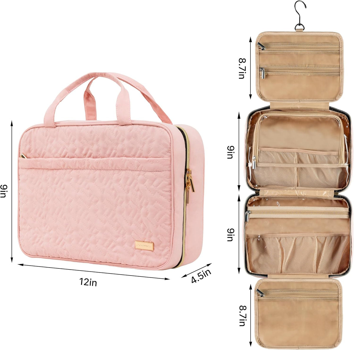(Not Made In China) Travel Toiletry Bag for Women with Hanging Hook, Makeup Organizer Case, Water-Resistant Cosmetic Bag For Full-size Containers, Toiletries, Pink Large+