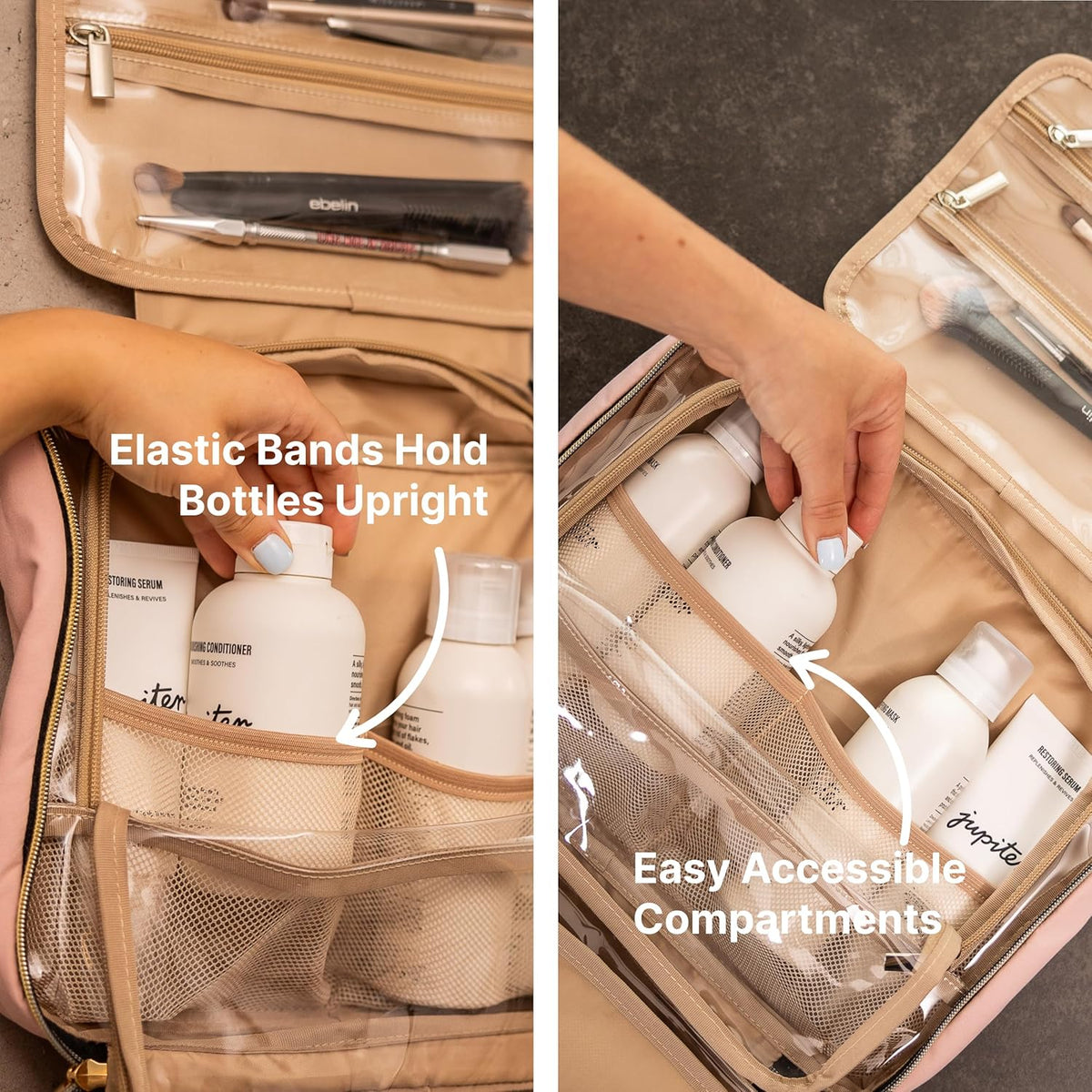 (Not Made In China) Travel Toiletry Bag for Women with Hanging Hook, Makeup Organizer Case, Water-Resistant Cosmetic Bag For Full-size Containers, Toiletries, Pink Large+