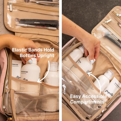 (Not Made In China) Travel Toiletry Bag for Women with Hanging Hook, Makeup Organizer Case, Water-Resistant Cosmetic Bag For Full-size Containers, Toiletries, Pink Large+