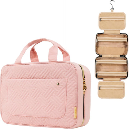 (Not Made In China) Travel Toiletry Bag for Women with Hanging Hook, Makeup Organizer Case, Water-Resistant Cosmetic Bag For Full-size Containers, Toiletries, Pink Large+