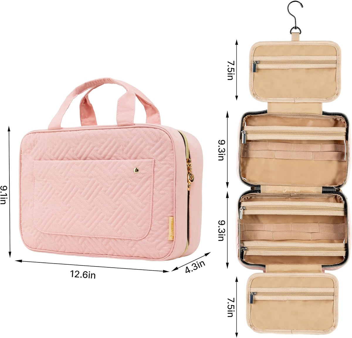 (Not Made In China) Travel Toiletry Bag for Women with Hanging Hook, Makeup Organizer Case, Water-Resistant Cosmetic Bag For Full-size Containers, Toiletries, Pink Large+