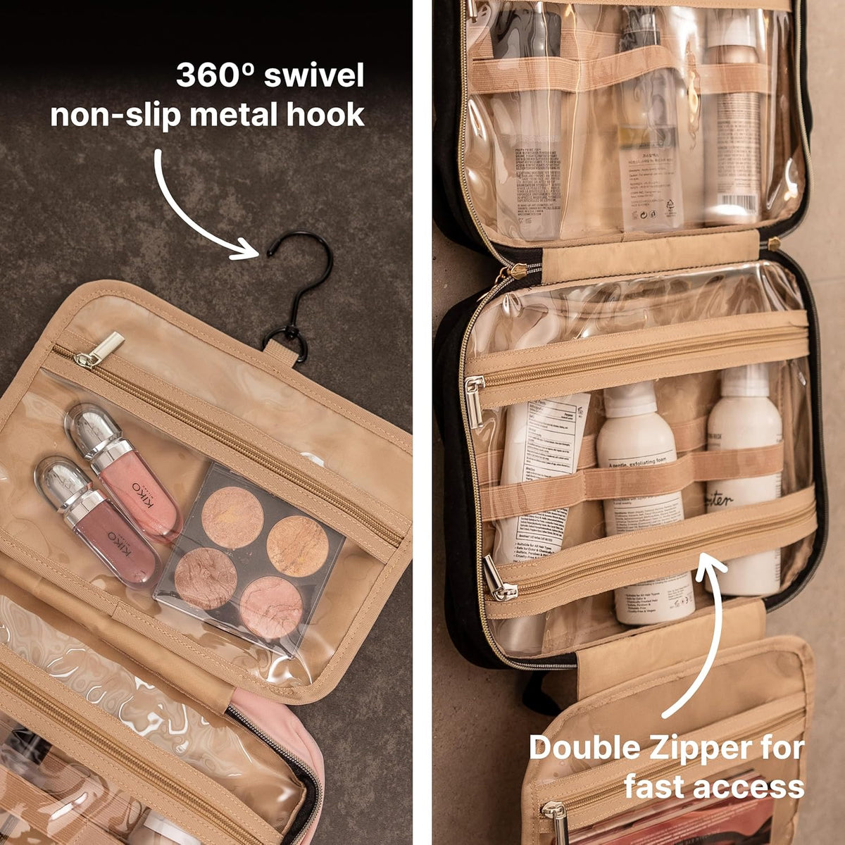 (Not Made In China) Travel Toiletry Bag for Women with Hanging Hook, Makeup Organizer Case, Water-Resistant Cosmetic Bag For Full-size Containers, Toiletries, Pink Large+