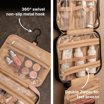 (Not Made In China) Travel Toiletry Bag for Women with Hanging Hook, Makeup Organizer Case, Water-Resistant Cosmetic Bag For Full-size Containers, Toiletries, Pink Large+