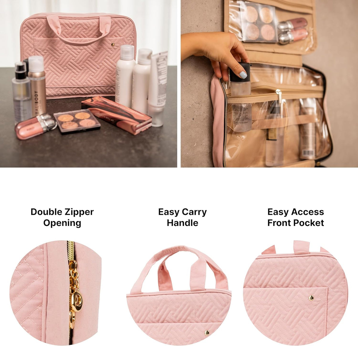(Not Made In China) Travel Toiletry Bag for Women with Hanging Hook, Makeup Organizer Case, Water-Resistant Cosmetic Bag For Full-size Containers, Toiletries, Pink Large+