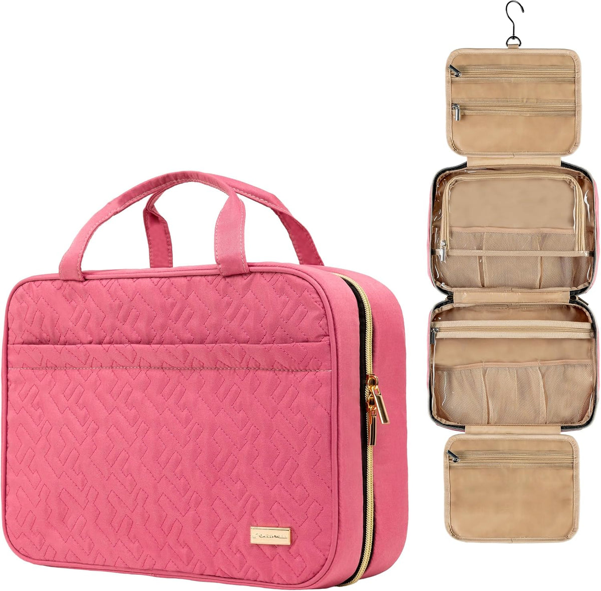 (Not Made In China) Travel Toiletry Bag for Women with Hanging Hook, Makeup Organizer Case, Water-Resistant Cosmetic Bag For Full-size Containers, Toiletries, Pink Large+