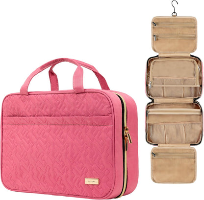 (Not Made In China) Travel Toiletry Bag for Women with Hanging Hook, Makeup Organizer Case, Water-Resistant Cosmetic Bag For Full-size Containers, Toiletries, Pink Large+