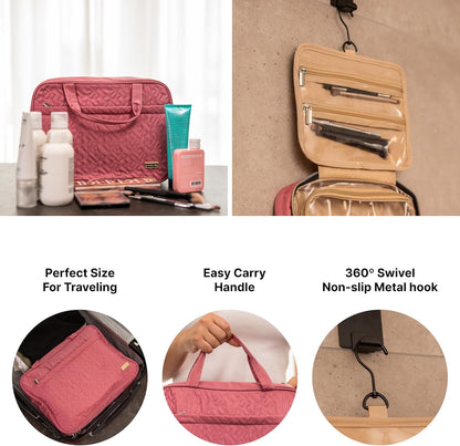 (Not Made In China) Travel Toiletry Bag for Women with Hanging Hook, Makeup Organizer Case, Water-Resistant Cosmetic Bag For Full-size Containers, Toiletries, Pink Large+