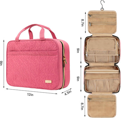 (Not Made In China) Travel Toiletry Bag for Women with Hanging Hook, Makeup Organizer Case, Water-Resistant Cosmetic Bag For Full-size Containers, Toiletries, Pink Large+