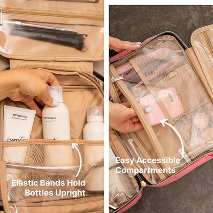(Not Made In China) Travel Toiletry Bag for Women with Hanging Hook, Makeup Organizer Case, Water-Resistant Cosmetic Bag For Full-size Containers, Toiletries, Pink Large+