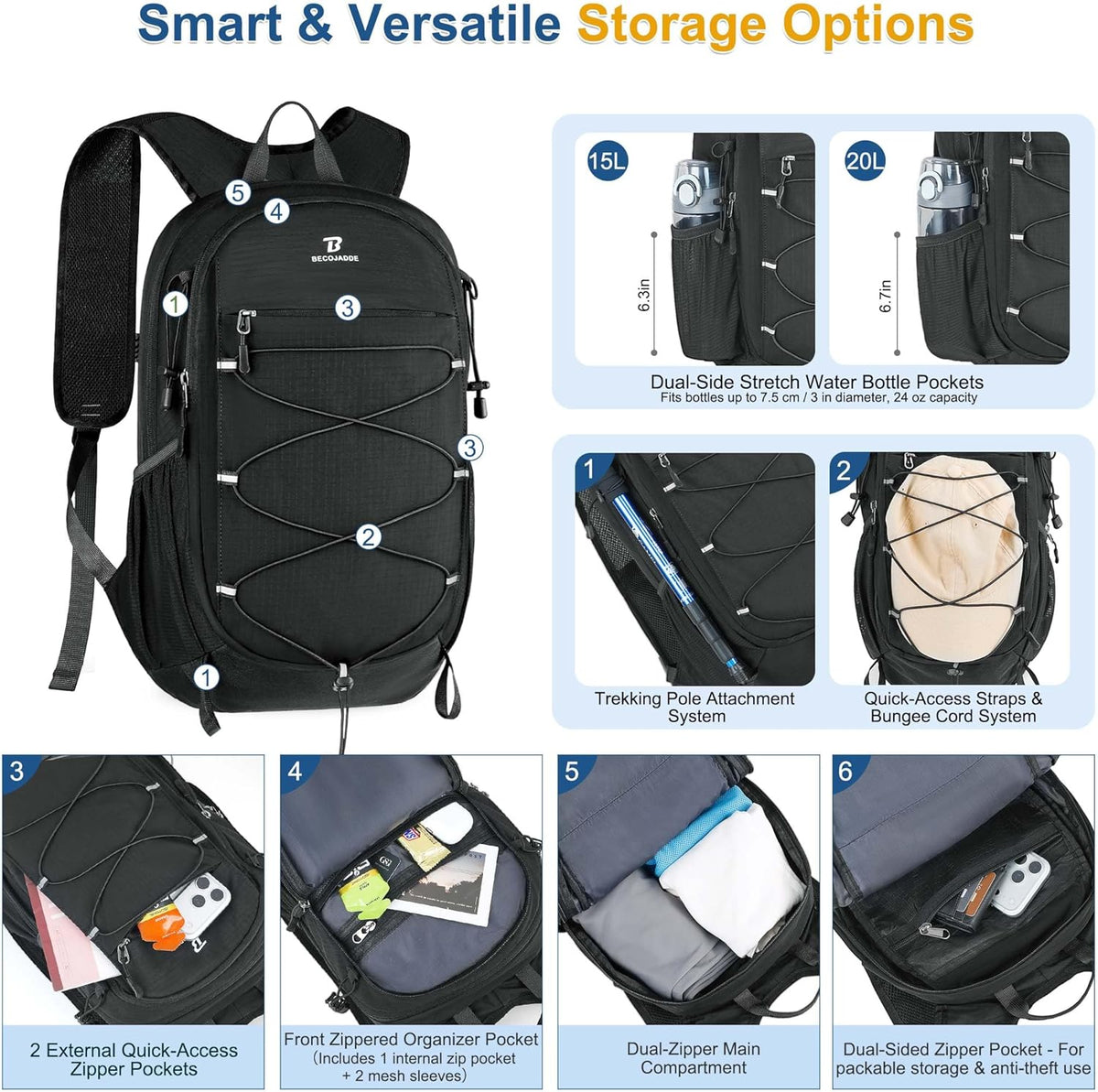 Hiking Backpack 15L Small Backpack Packable Day pack Water Resistant Lightweight Travel Backpack for Women Men with Shoulder Strap Pockets for Hiking Camping Outdoor, Grey