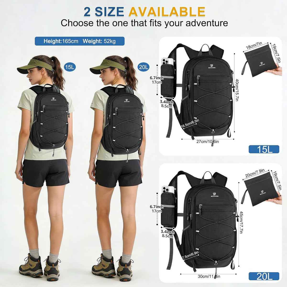 Hiking Backpack 15L Small Backpack Packable Day pack Water Resistant Lightweight Travel Backpack for Women Men with Shoulder Strap Pockets for Hiking Camping Outdoor, Grey