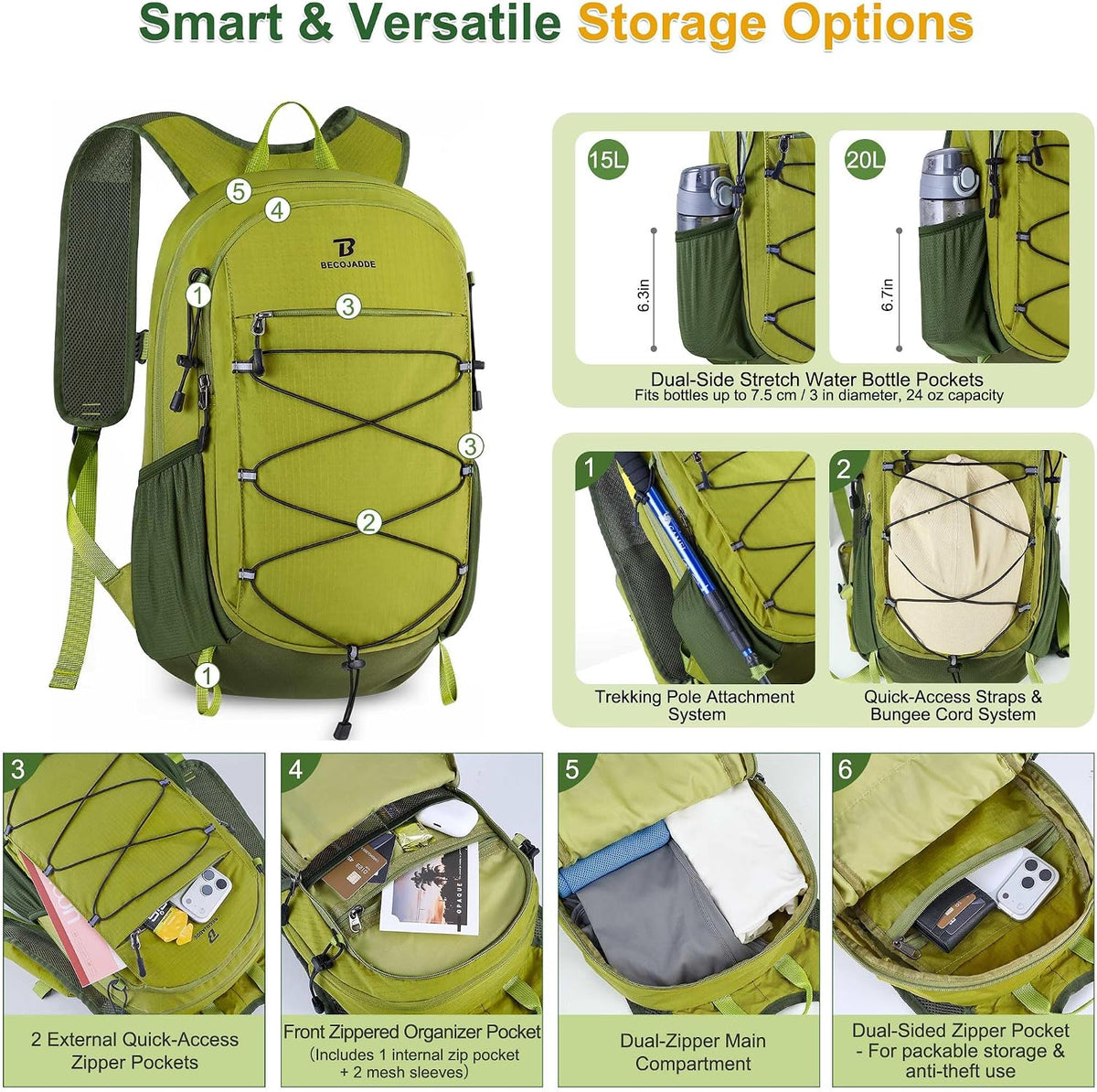 Hiking Backpack 15L Small Backpack Packable Day pack Water Resistant Lightweight Travel Backpack for Women Men with Shoulder Strap Pockets for Hiking Camping Outdoor, Grey