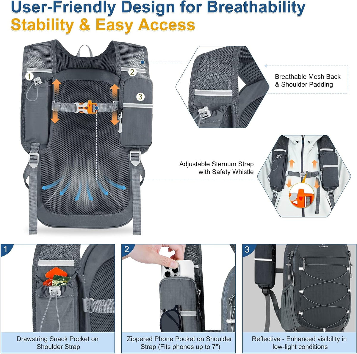 Hiking Backpack 15L Small Backpack Packable Day pack Water Resistant Lightweight Travel Backpack for Women Men with Shoulder Strap Pockets for Hiking Camping Outdoor, Grey