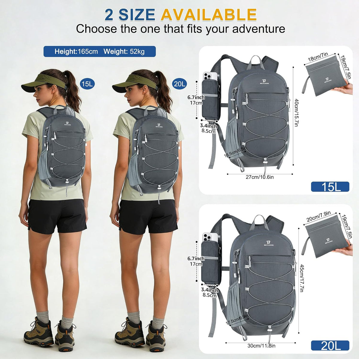 Hiking Backpack 15L Small Backpack Packable Day pack Water Resistant Lightweight Travel Backpack for Women Men with Shoulder Strap Pockets for Hiking Camping Outdoor, Grey