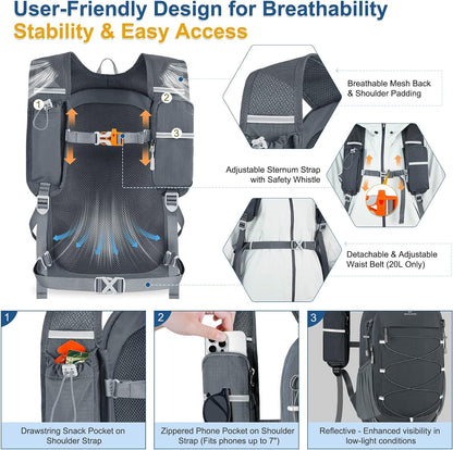 Hiking Backpack 15L Small Backpack Packable Day pack Water Resistant Lightweight Travel Backpack for Women Men with Shoulder Strap Pockets for Hiking Camping Outdoor, Grey